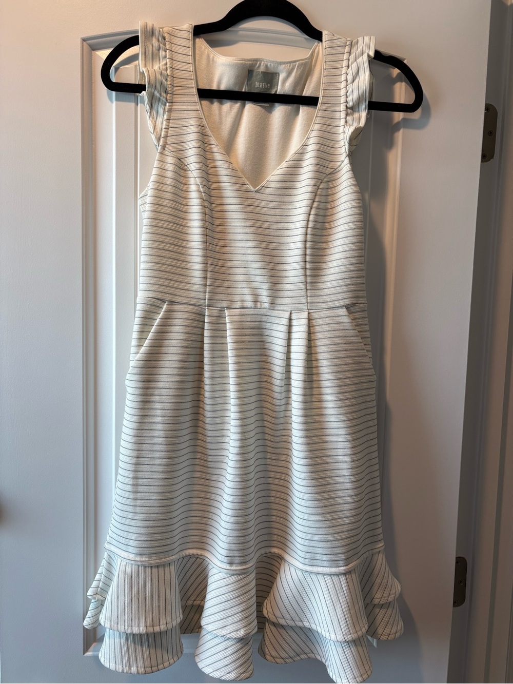 Maeve by Anthropologie Ivory Striped Ruffle Hem Dress Fit & Flare Size 2